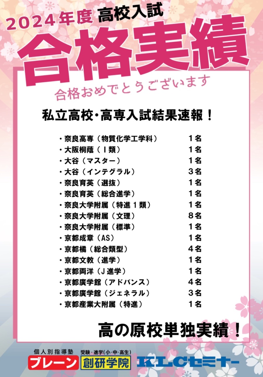 【速報】私立高校入試結果！（高の原校単独）