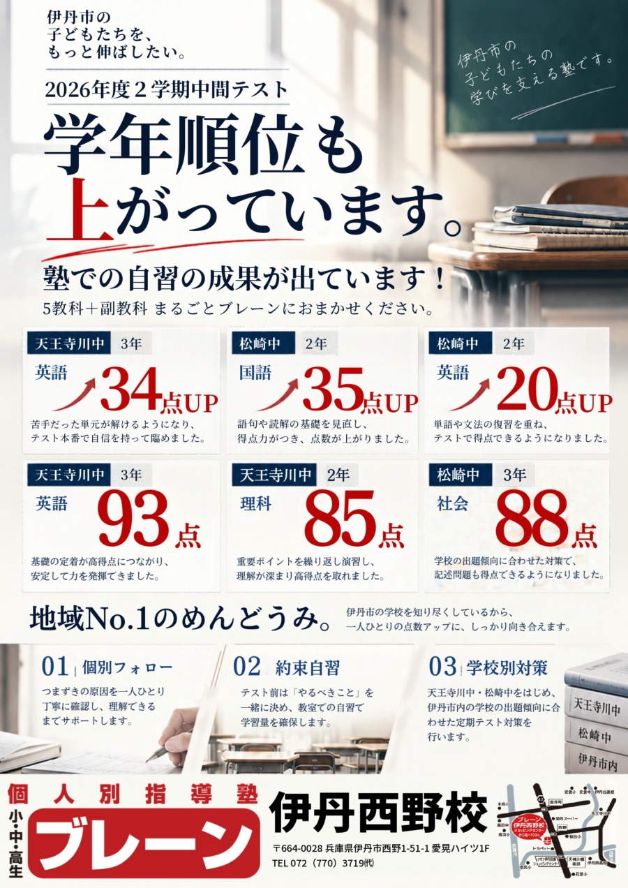 【中1中2】天王寺川中、松崎中のテスト点数UPはブレーン伊丹西野校で！5教科＋副教科OK！
